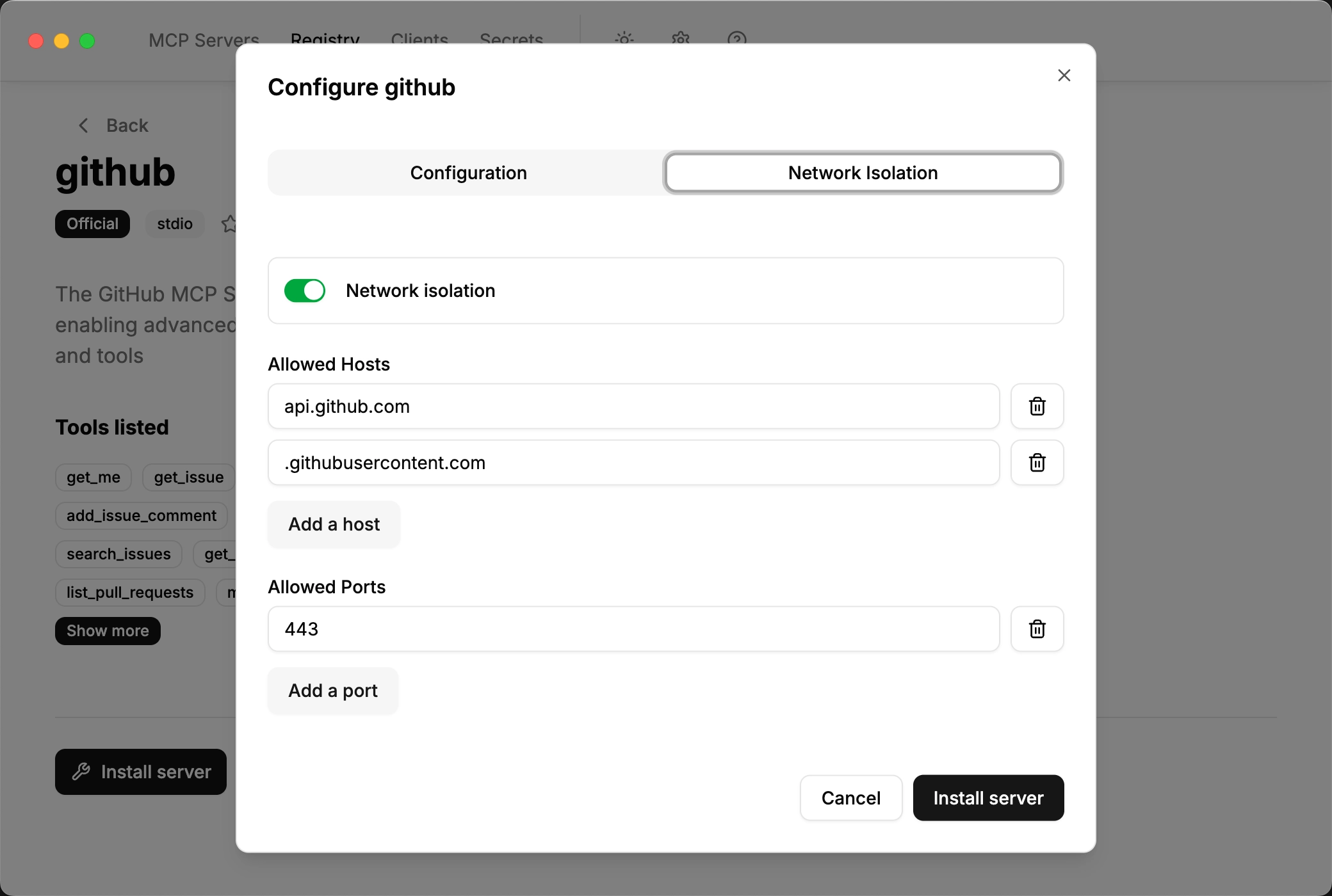 Network isolation configuration showing allowed hosts and ports